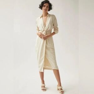 NWT Anthropologie V Neck Knot Front Long Sleeve Faux
Wrap Midi Dress Ivory Linen